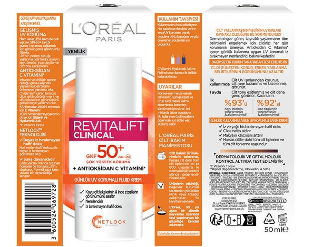 Loreal Paris Revitalift Clinical SPF 50+ Günlük Yüksek UV Korumalı Yüz Güneş Kremi 50 ml